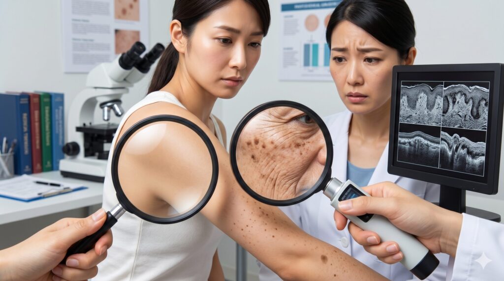 高解像度の皮膚計測器を用いて、日本人女性の肌に及ぼす紫外線による光老化の影響（隠れたシミ、シワ、コラーゲン構造の乱れ）を詳細に分析・可視化している様子。