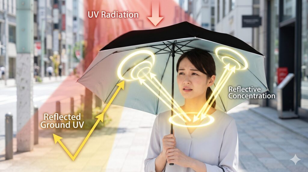 日傘の下での紫外線の動き。太陽からの直射と地面からの照り返しが、内側が明るい色の日傘によって顔へ集中して反射（パラボラアンテナ効果）している様子を描写したイラスト。
